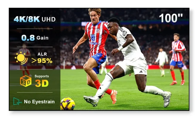 NothingProjector long-throw ALR projector screen showing a football match in a bright viewing environment